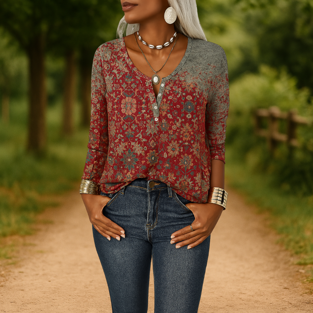 ALVIRA™ | Boho-Bluse mit floralen Mustern und langen Ärmeln