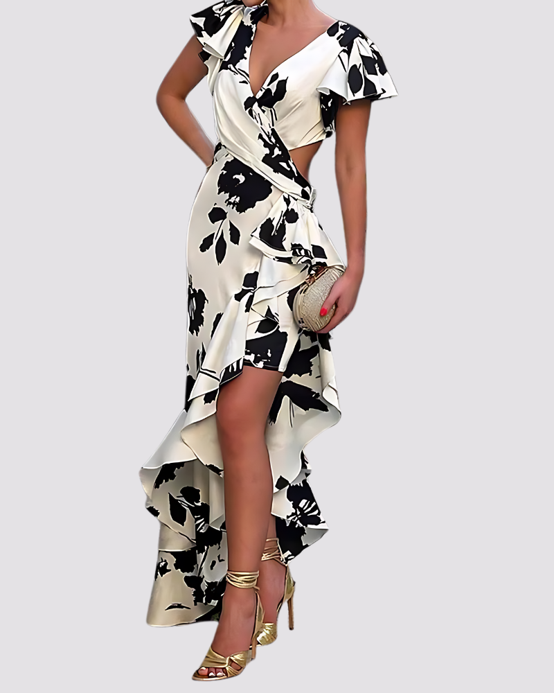 Asymmetrisches Wickelkleid – Maxikleid mit Blumenmuster & Volant-Saum