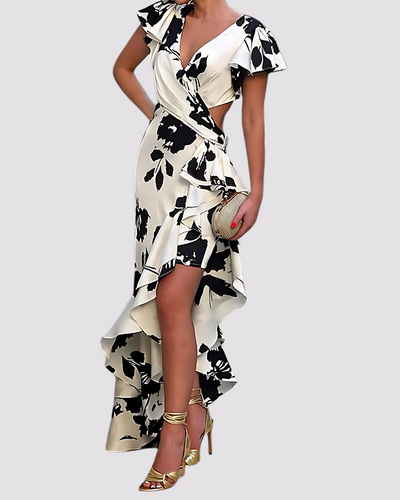 Asymmetrisches Wickelkleid – Maxikleid mit Blumenmuster & Volant-Saum