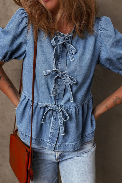 Tied Front Puff Sleeve Peplum Denim Shirt