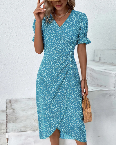 Damen Elegantes Blumen Kleid | V-Ausschnitt