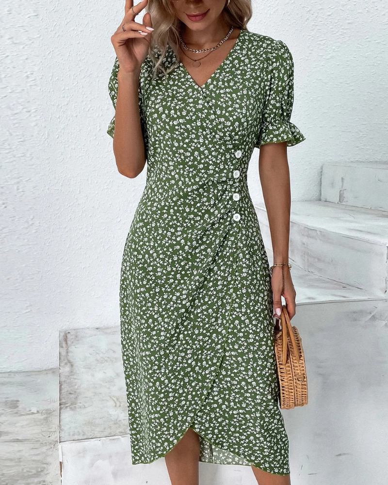 Damen Elegantes Blumen Kleid | V-Ausschnitt