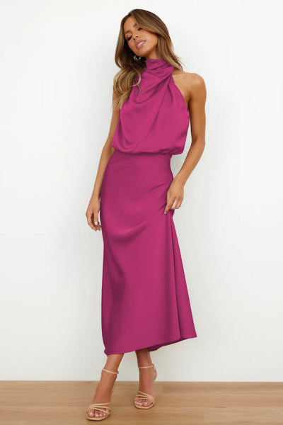 Damen Satin Midikleid Halterneck rückenfrei elegant für Party oder Abendanlass