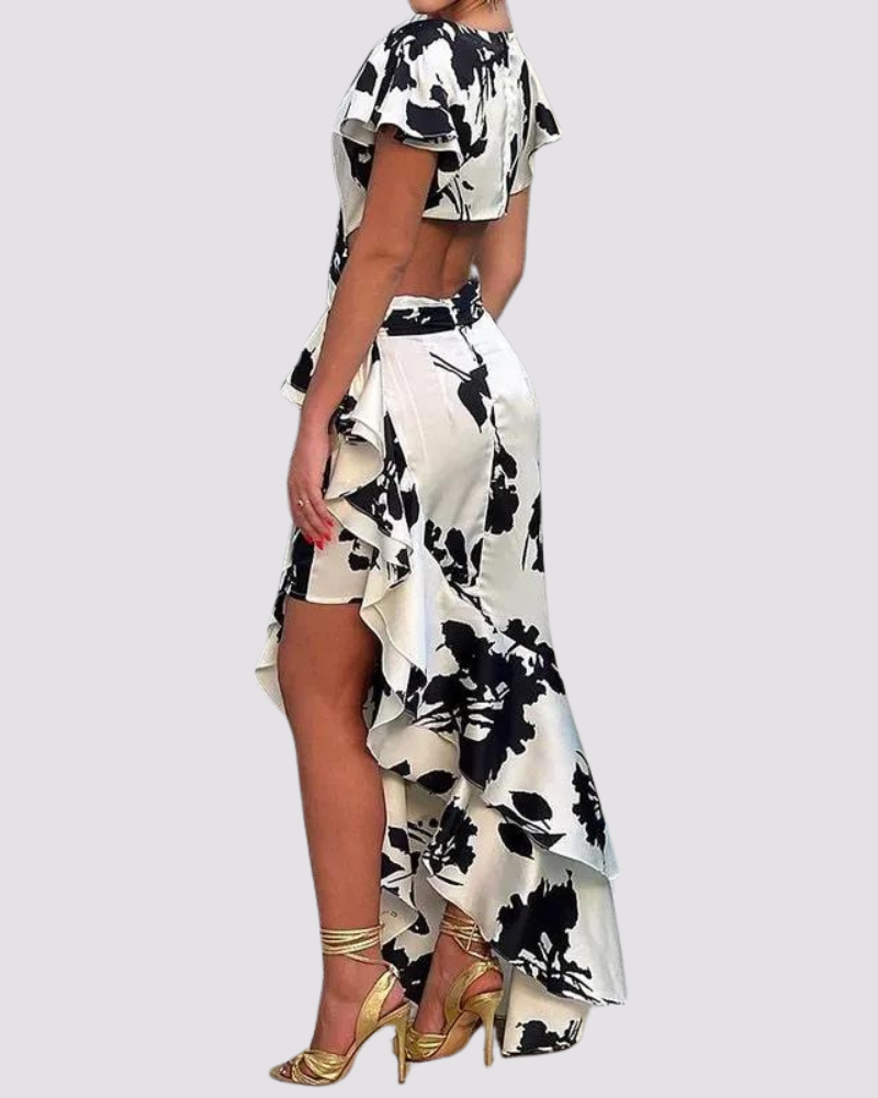 Asymmetrisches Wickelkleid – Maxikleid mit Blumenmuster & Volant-Saum