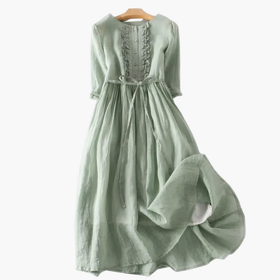 Elegantes langes Kleid für Frauen - Knopfleiste und Bindegürtel