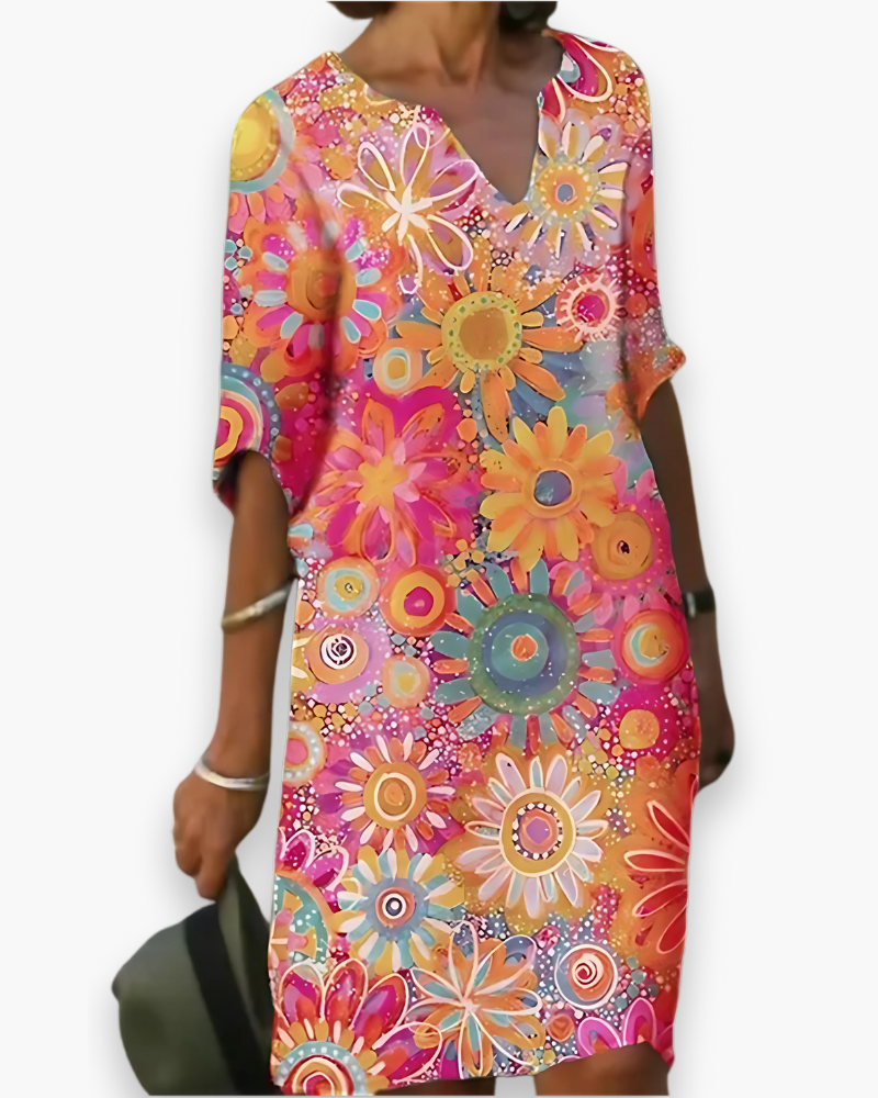 Damen Midi Kleid mit V-Ausschnitt | Blumenlook