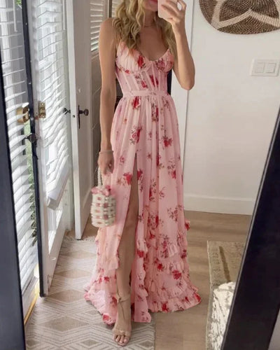 Flaura – Maxikleid mit floralem Rüschenschlitz