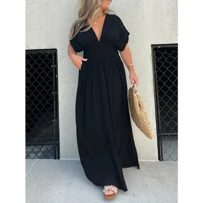 Elegantes Maxikleid Damen Sommer mit Schlitz & V-Ausschnitt | Langes Boho Strandkleid