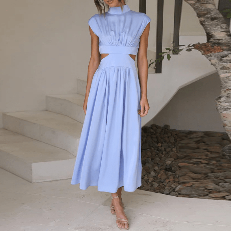 Elegantes schwarzes Midikleid mit Cut-Outs – Stehkragen & Plissee für stilvolle Auftritte