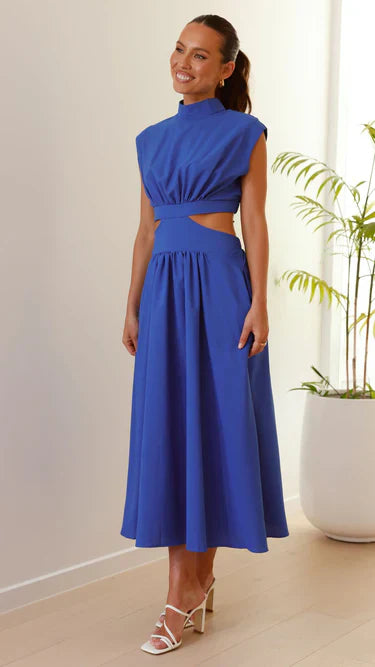 Elegantes schwarzes Midikleid mit Cut-Outs – Stehkragen & Plissee für stilvolle Auftritte