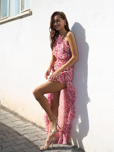 Asymmetrisches One-Shoulder Kleid mit Blumenmuster und Schlitz
