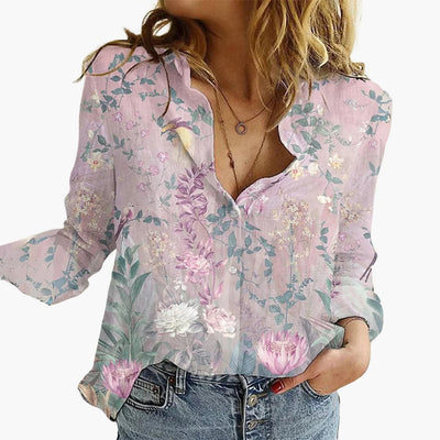 Kunstvoll bedruckte V-Ausschnitt Bluse - Damen Freizeitlook