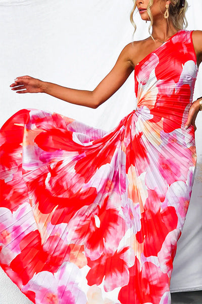Elegantes Maxikleid mit Blumendruck – Einarmig & Plissiert, Perfekt für Sommer und besondere Anlässe