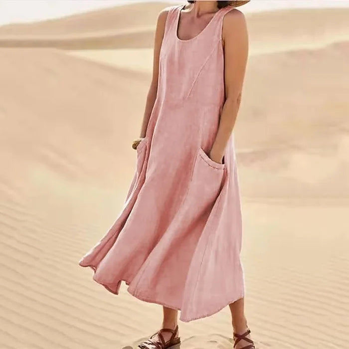 Altishia – Lässiges ärmelloses Leinenkleid mit Taschen