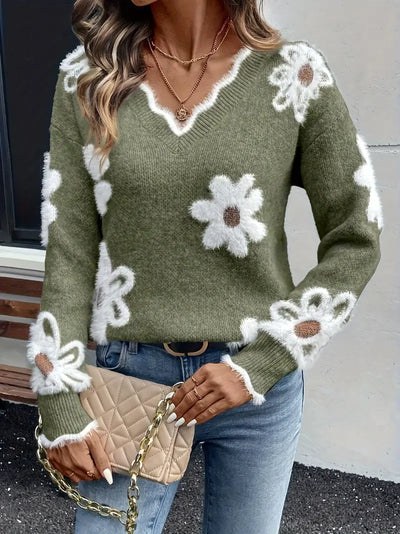 Melanira – Stilvoller Pullover Mit V-Ausschnitt Und Blumen Muster