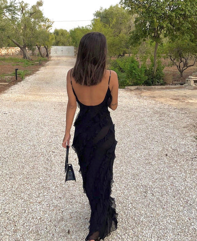Maxikleid mit Rüschen – Figurbetontes Abendkleid mit Spaghettiträgern