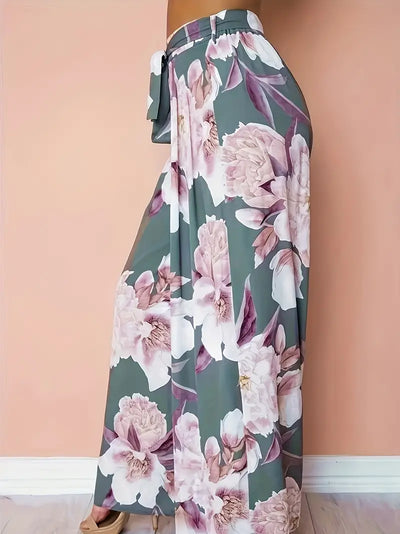 Aisling – Palazzohose mit Blumenmuster, hoher Taille und weitem Bein und Bindegürtel