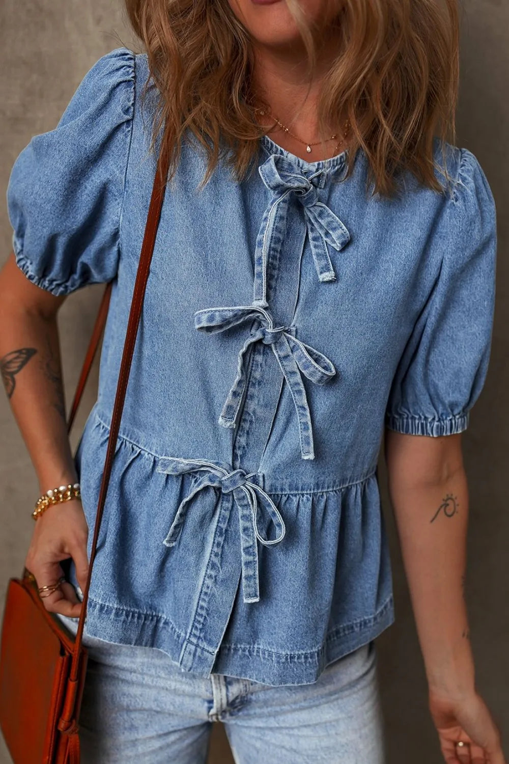 Tied Front Puff Sleeve Peplum Denim Shirt