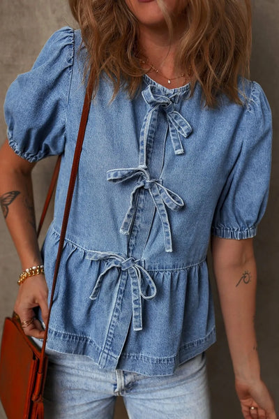 Tied Front Puff Sleeve Peplum Denim Shirt