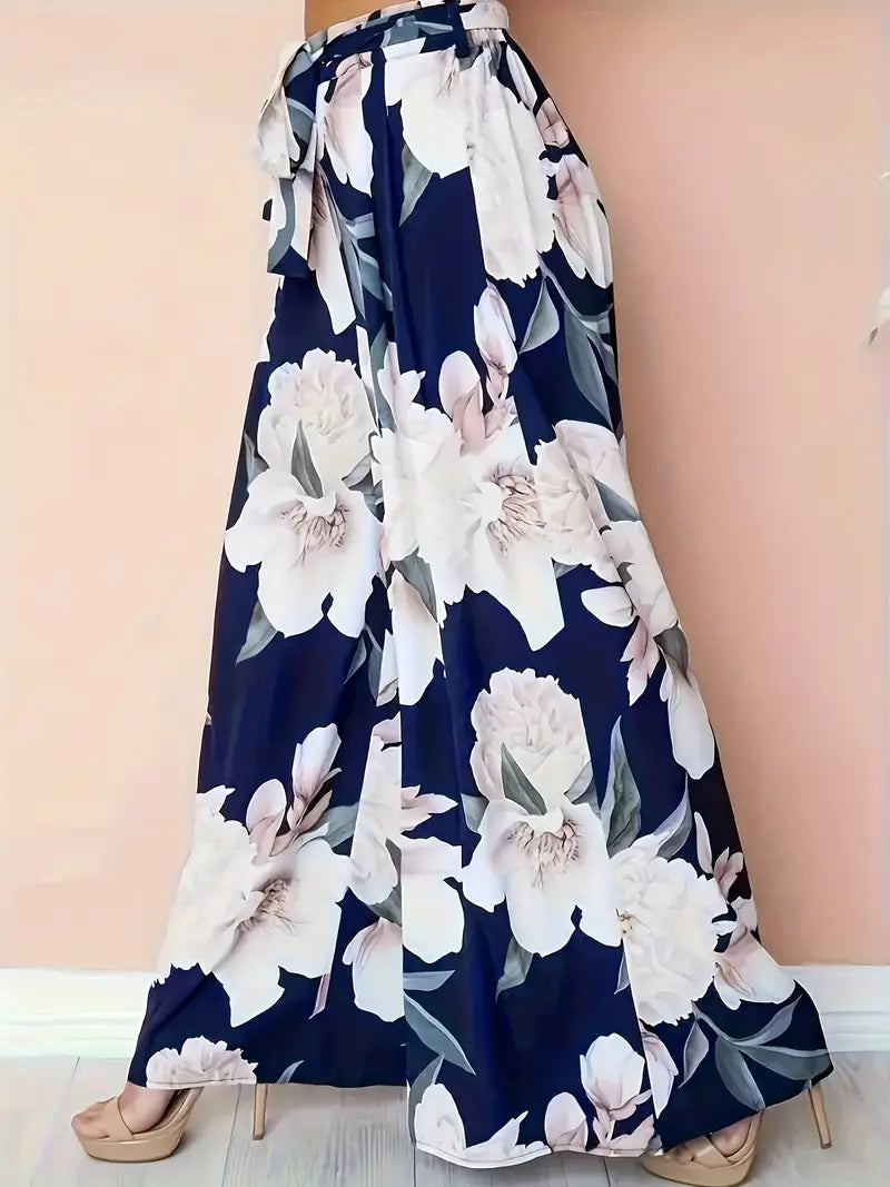 Aisling – Palazzohose mit Blumenmuster, hoher Taille und weitem Bein und Bindegürtel