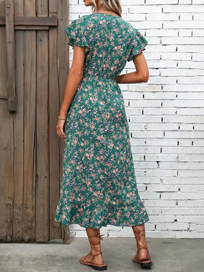 Ruffled Floral V-Neck Cap Sleeve Dress