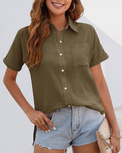 Mia - einfarbige bluse mit knopfverschluss und kurzen armeln