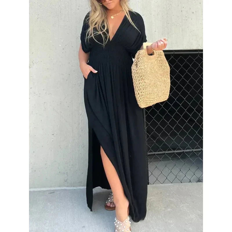 Damen Maxikleid – Leichter Stoff – V-Ausschnitt – Lässiger Sommerstil