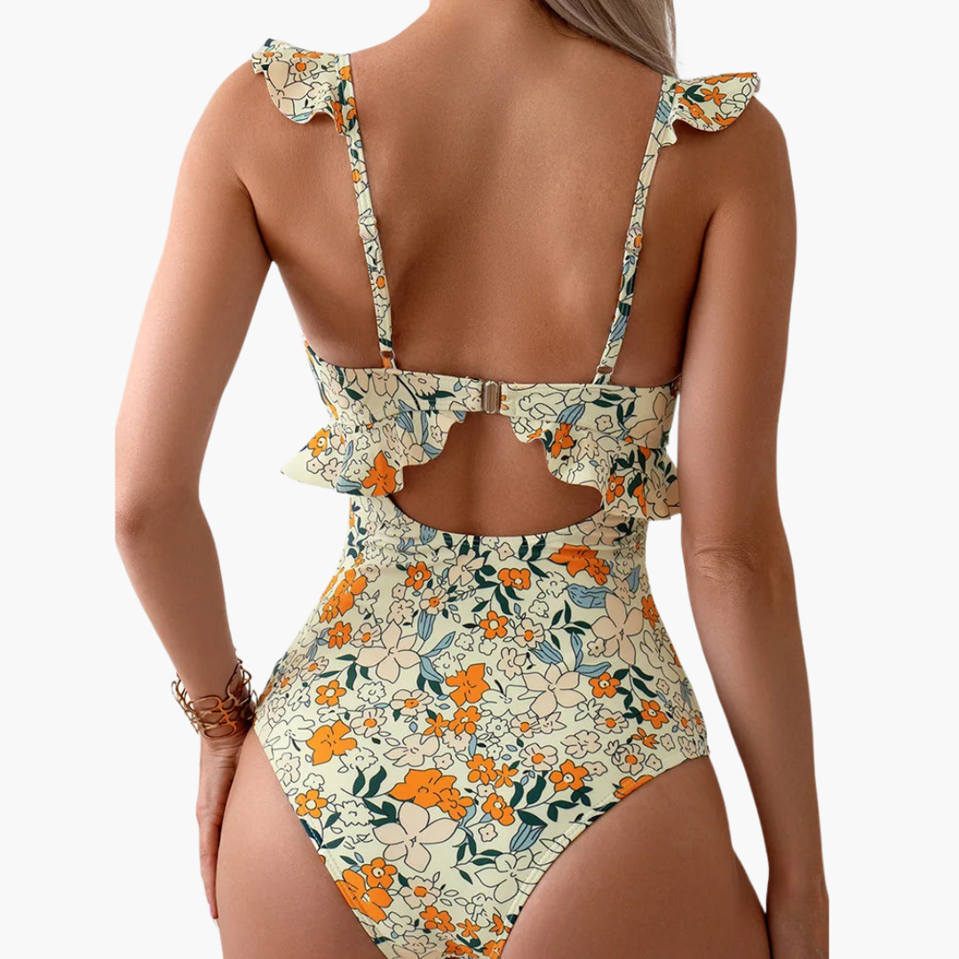 Badeanzug Damen - Floraler Einteiler mit Rüschen & Cut-Out