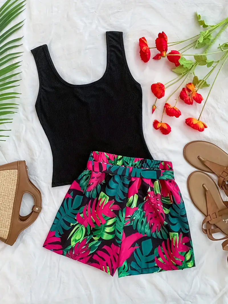 Elkie – Set aus geripptem Baumwoll-Tanktop und bedruckten Shorts