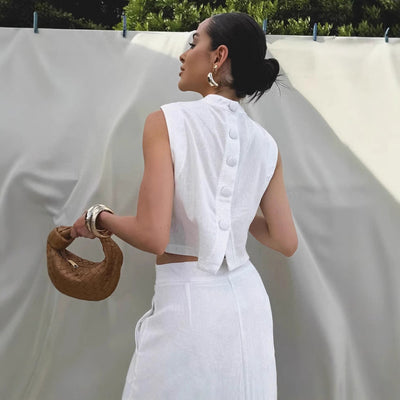 Mia | Set aus ärmellosem Top mit Stehkragen und langem Rock mit Schlitz