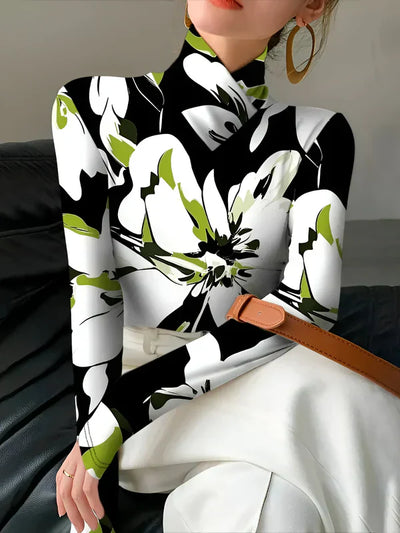 Risa - sexy rollkragen-langarm-t-shirt mit hohem kragen und blumendruck