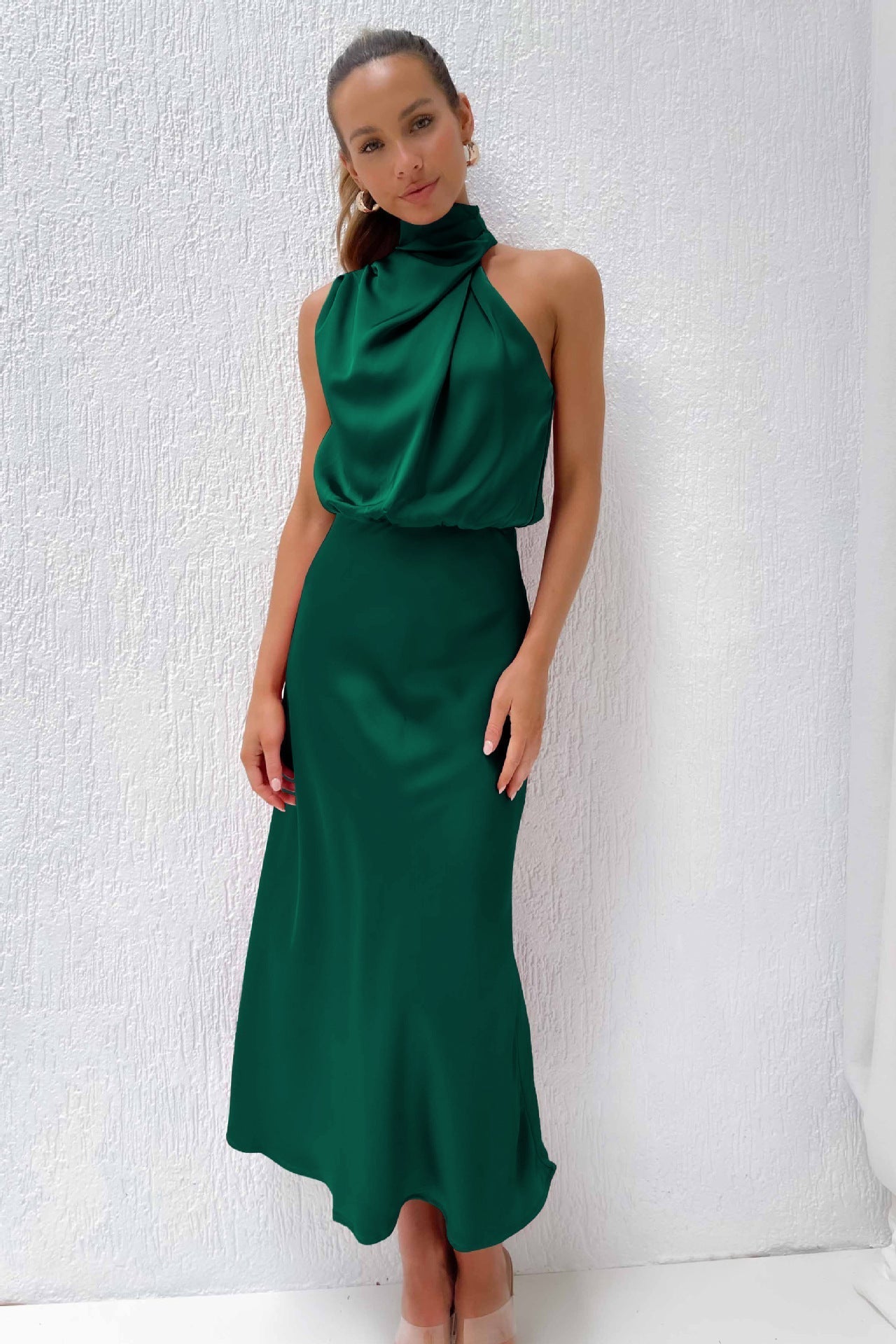 Damen Satin Midikleid Halterneck rückenfrei elegant für Party oder Abendanlass