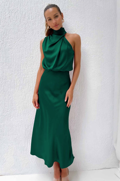 Damen Satin Midikleid Halterneck rückenfrei elegant für Party oder Abendanlass