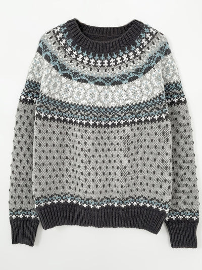 Norweger Grobstrickpullover | Langarm mit Retro Geometrischem Muster