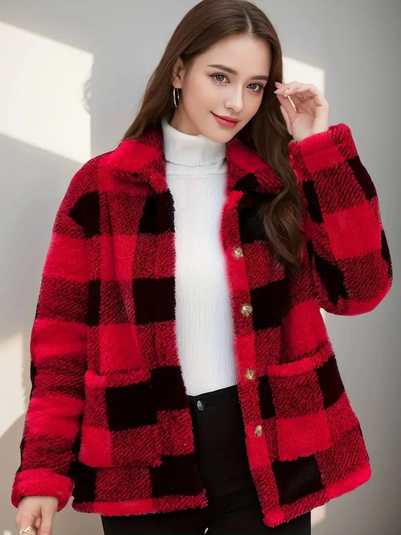 Damen Kuscheljacke Kariert | Knopfverschluss mit Kragen