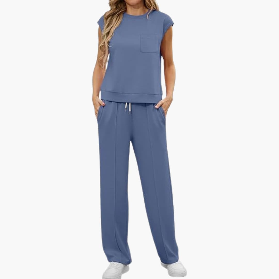 Zweiteiliges Sommer Set für Damen mit Kappärmeln und Taschen