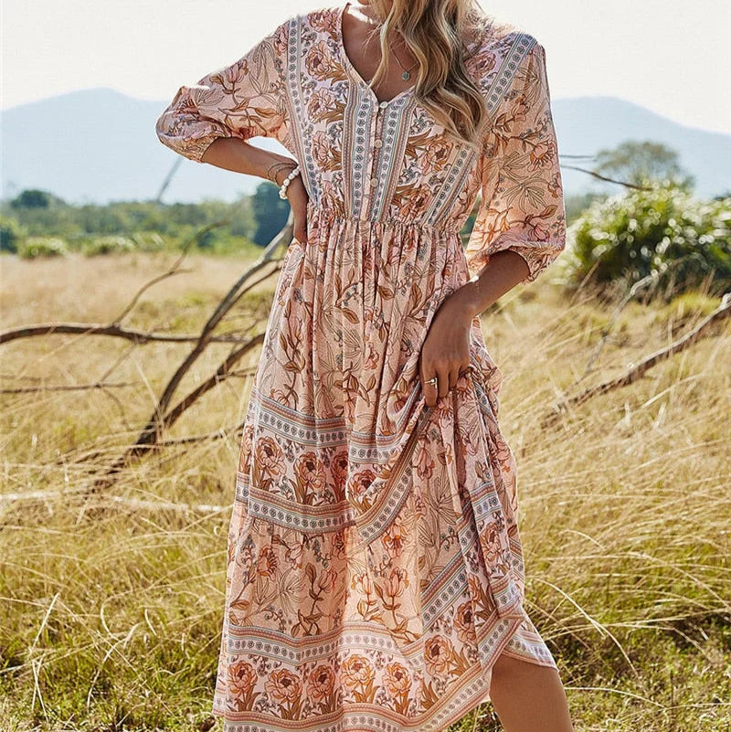 Mahlia – Boho-Midikleid mit Blumenmuster und V-Ausschnitt