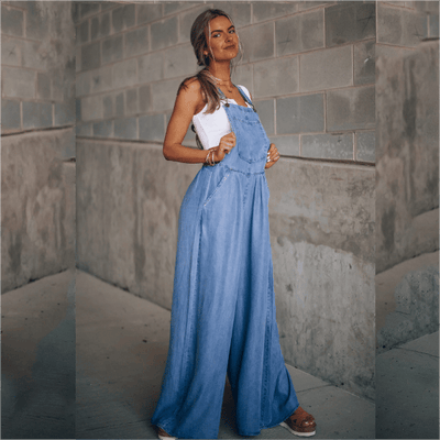 Damen-Latzhose aus Denim mit weitem Bein und verstellbaren Trägern