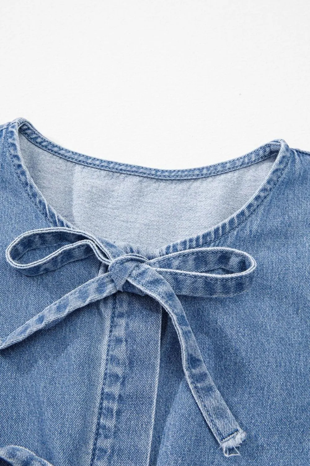 Tied Front Puff Sleeve Peplum Denim Shirt
