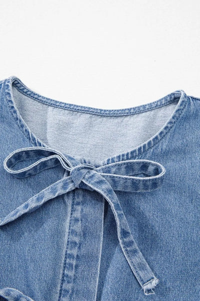 Tied Front Puff Sleeve Peplum Denim Shirt