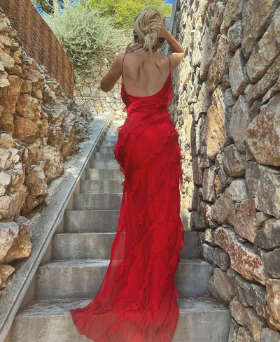 Maxikleid mit Rüschen – Figurbetontes Abendkleid mit Spaghettiträgern