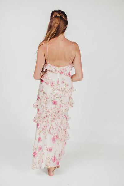 Amelia rüschen-maxikleid in elfenbein/rosa mit blumenmuster