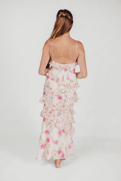 Amelia rüschen-maxikleid in elfenbein/rosa mit blumenmuster