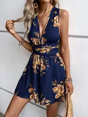 Emma | Jumpsuit mit tiefem V-Ausschnitt und Blumenmuster zum Binden für Frauen