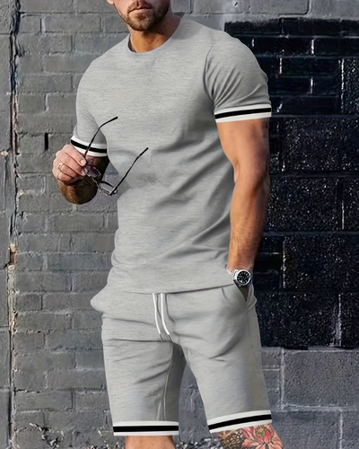 Herren Sport Set mit T-Shirt & Shorts | Zweiteiler mit Streifen für Sommer & Training