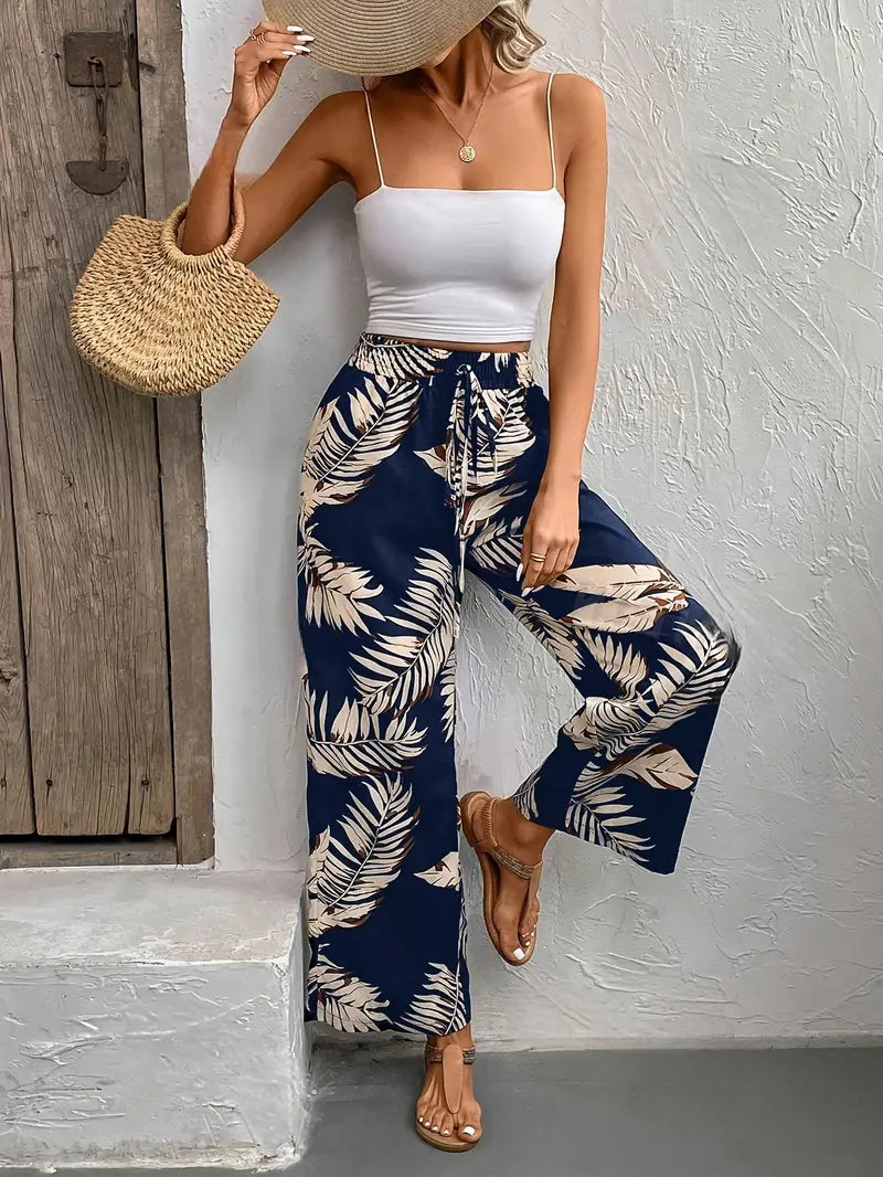 Denielle – Stilvolle Hose mit weitem Bein und Blattmuste