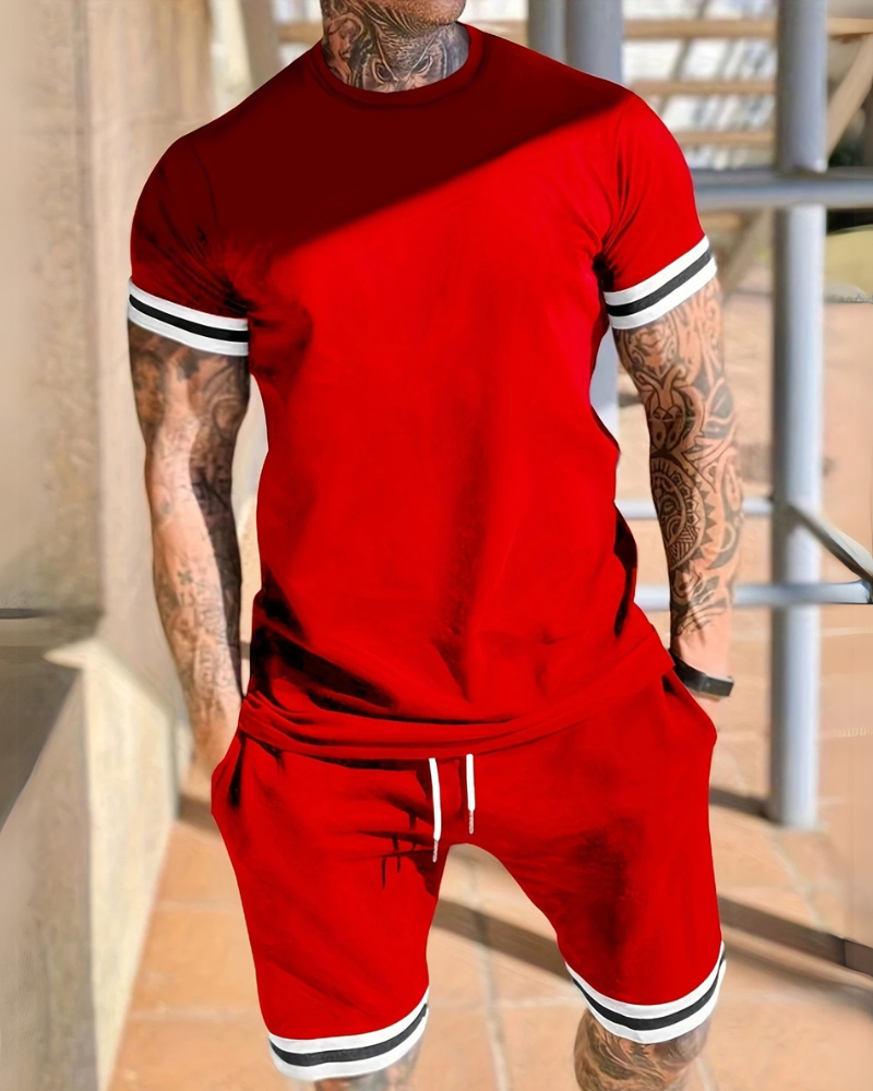 Herren Sport Set mit T-Shirt & Shorts | Zweiteiler mit Streifen für Sommer & Training