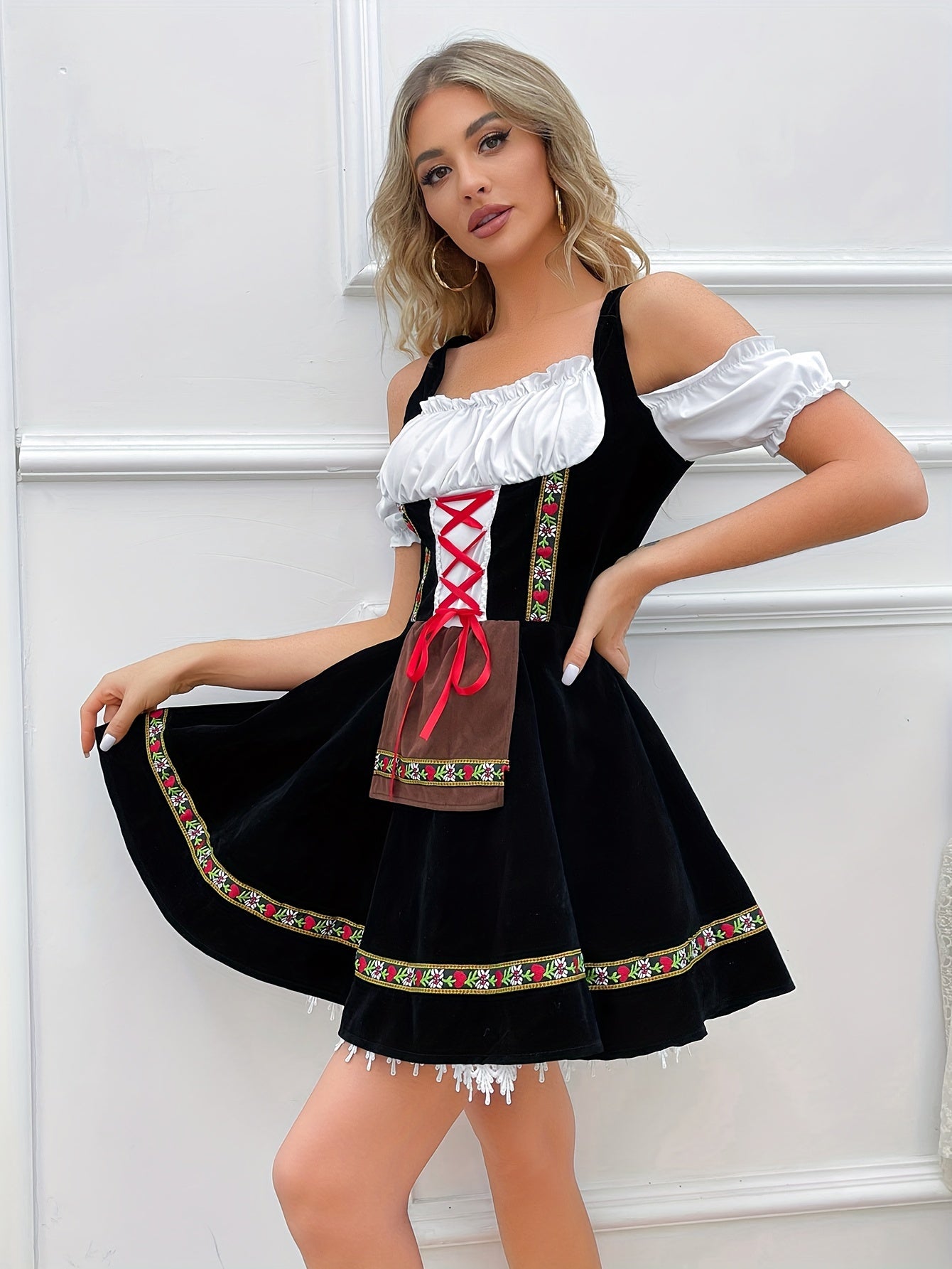 Damen Schwarz Schulterfrei Oktoberfest Dirndl Kleid