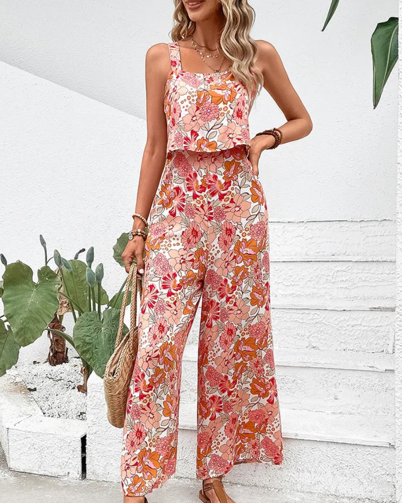 Damen Geblümter Ärmelloser Jumpsuit | Weites Bein