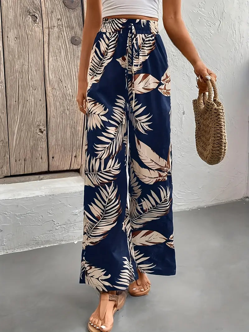Denielle – Stilvolle Hose mit weitem Bein und Blattmuste